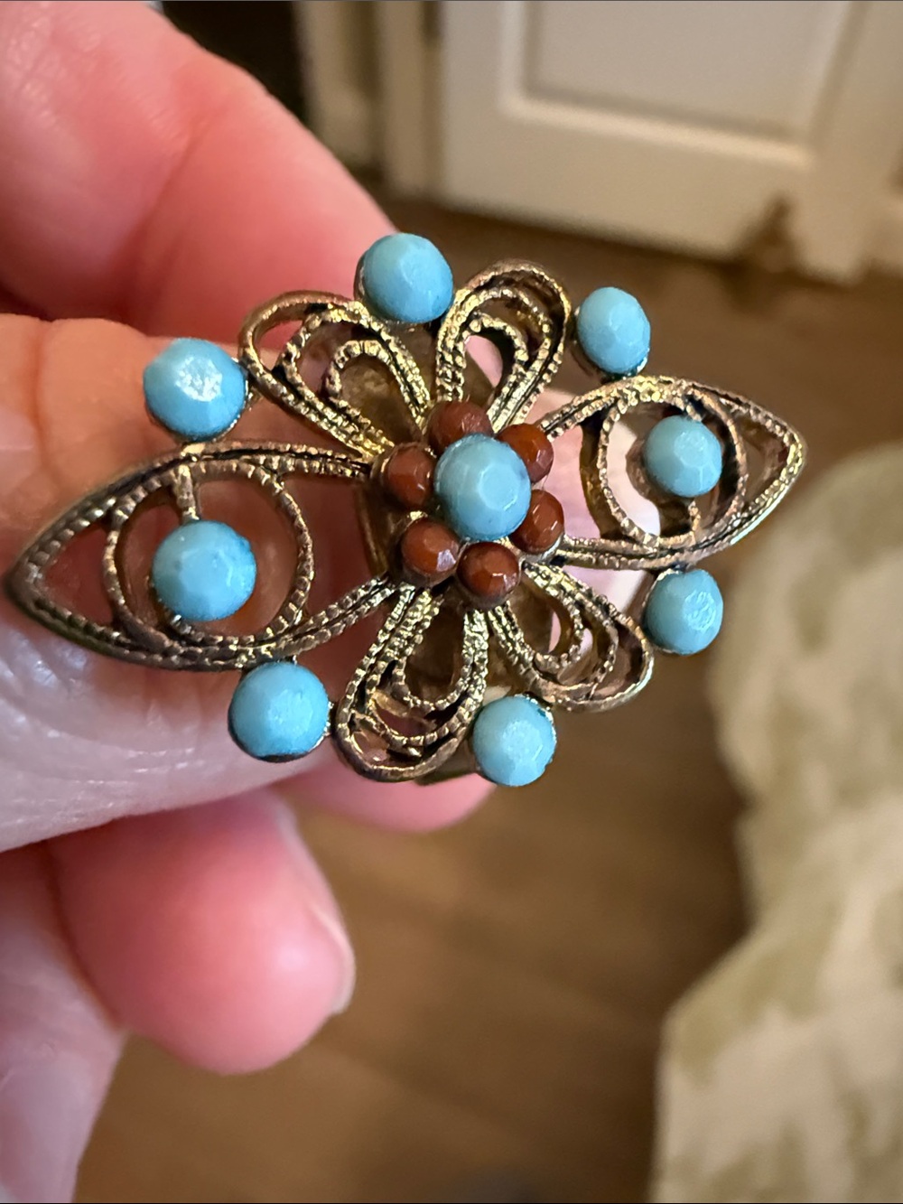 Vintage-Style Turquoise Copper Floral Statement Ring - Size 7
